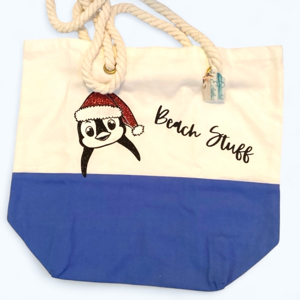 Coastal Eclectics Canvas Beach Bag Penguin w/ Christmas Hat 13” x 15